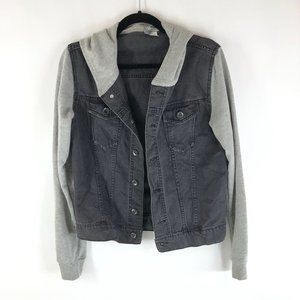 Divided H&M Mens Denim Jacket Hooded Knit Sleeves Retro Cotton Black S